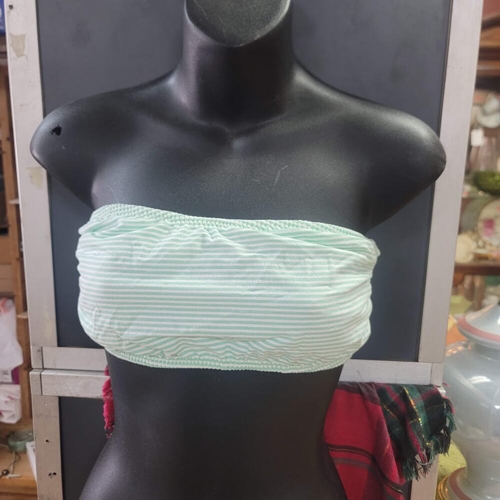 Blue Sky NEW Green White Stripe Bandeau Side Bone Swim Top LIned TieBack SMALL